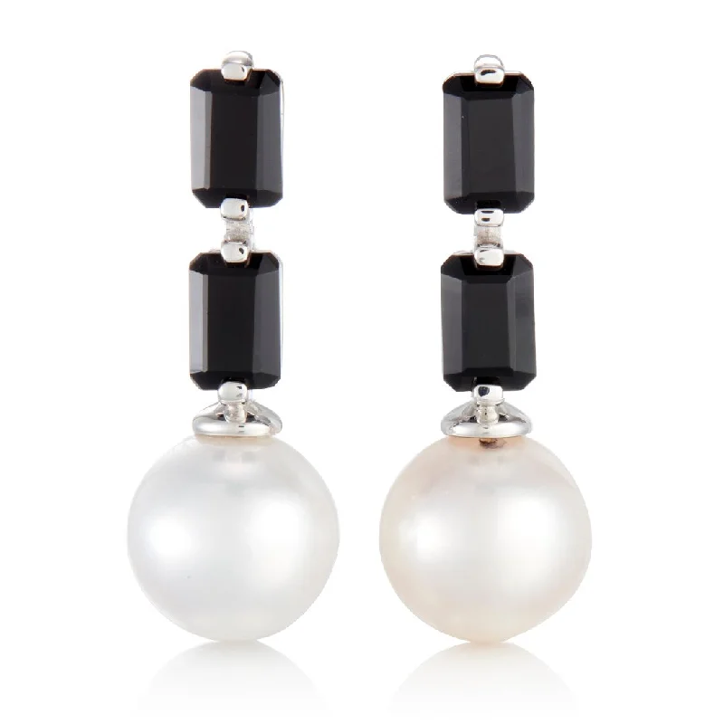 Black Spinel Baguette & Pearl Drop Earrings