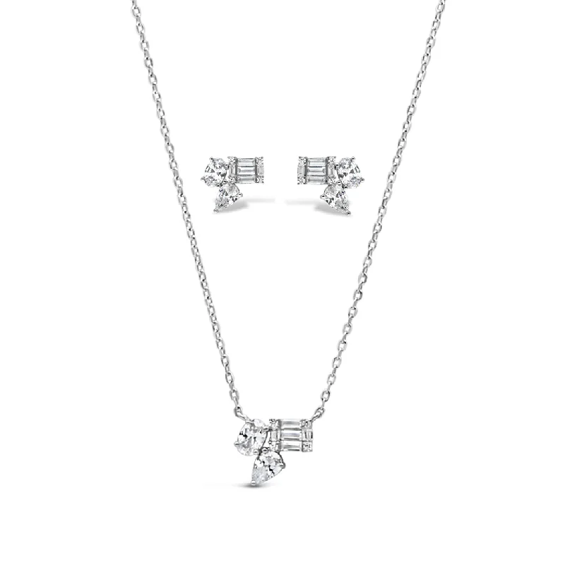 MULTISTONED CHARMING NECKLACE & STUD EARRING HALF SILVER SET