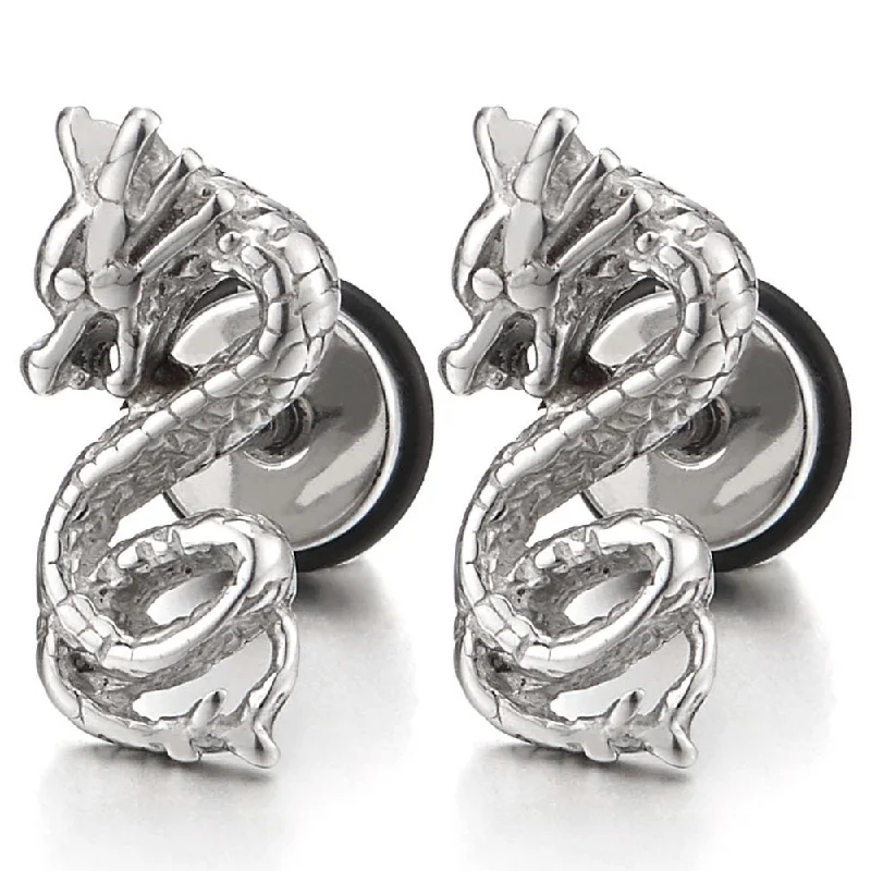 Stainless Steel Pair Mens Dragon Stud Earrings, Screw Back