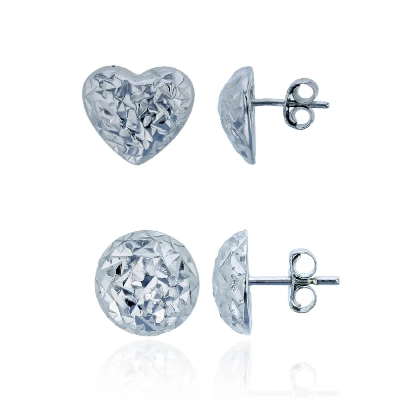 Sterling Silver 10MM Diamond-cut Heart Stud 2-Pair Set Earrings