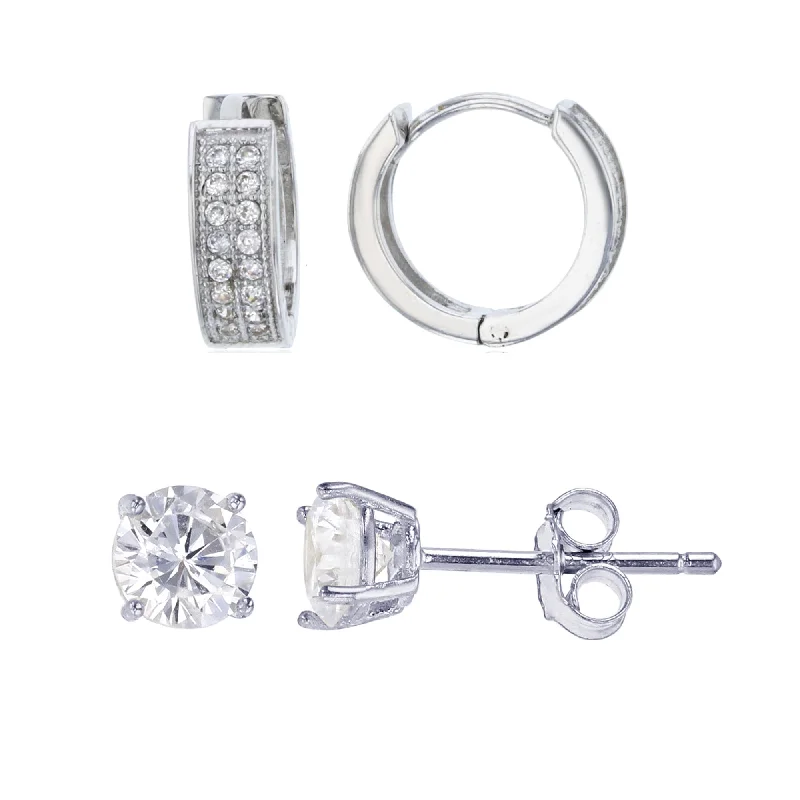 Sterling Silver 5MM Round Cubic Zirconia Hoop Stud Huggie 2-Pair Box Set Earrings