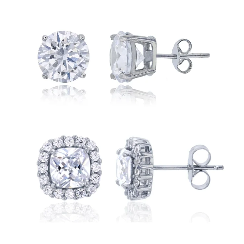 Sterling Silver Cubic Zirconia 8MM Stud 2-Pair Set Earrings