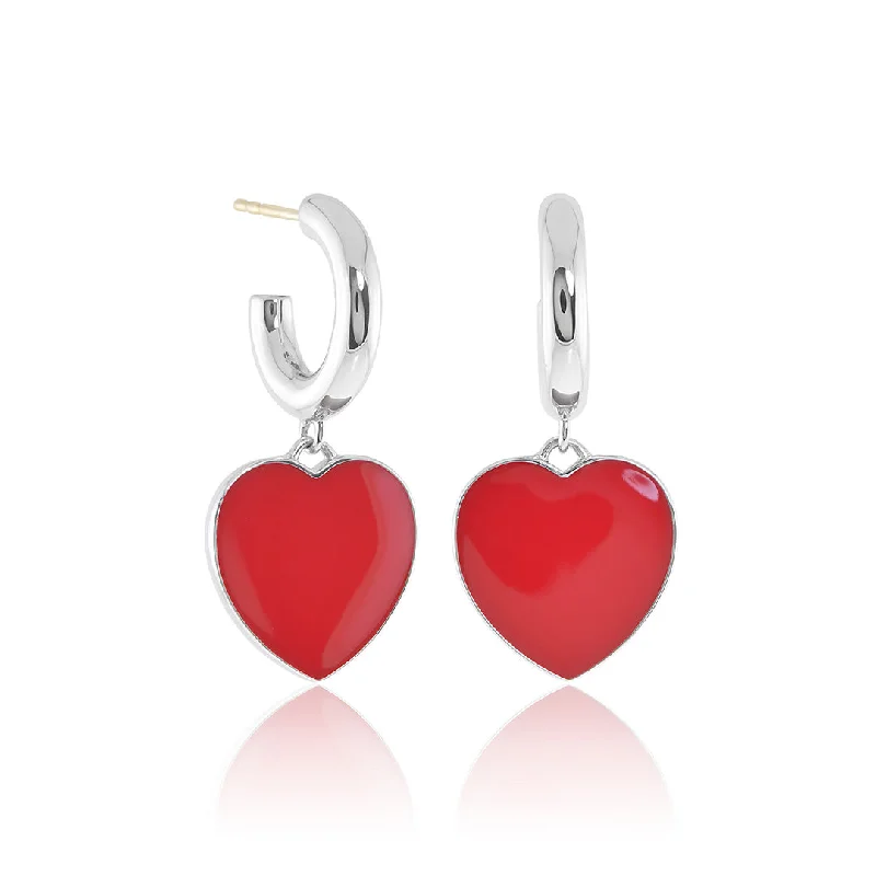 Red Enamel & Silver Heart Charm Earrings