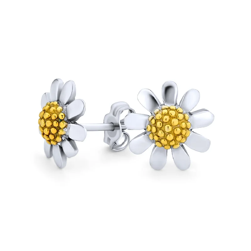 Summer Spring Two Tone Sunflower Daisy Flower Stud Earrings 14K Gold Silver