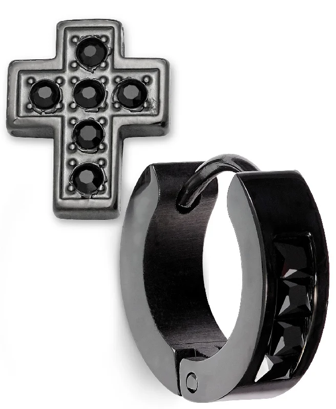 Men's Black-Tone Ion-Plated Stainless Steel 2-Pc. Cross Stud & Huggie Hoop Earring Set