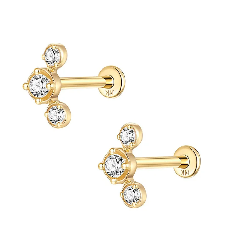 Solid Gold Three Round Gold Flat Back Earrings