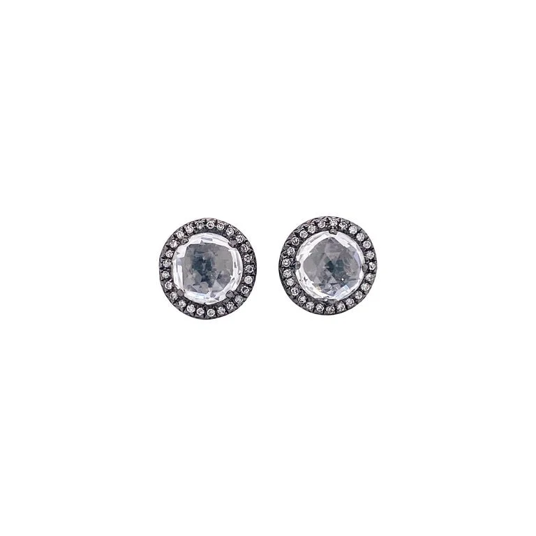 White Topaz & Diamond Halo Stud Earrings