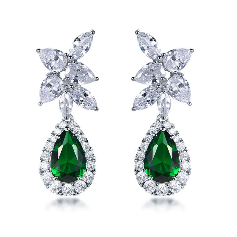 Trendolla Emerald Pear Cut Stone Dangle Drop Earrings