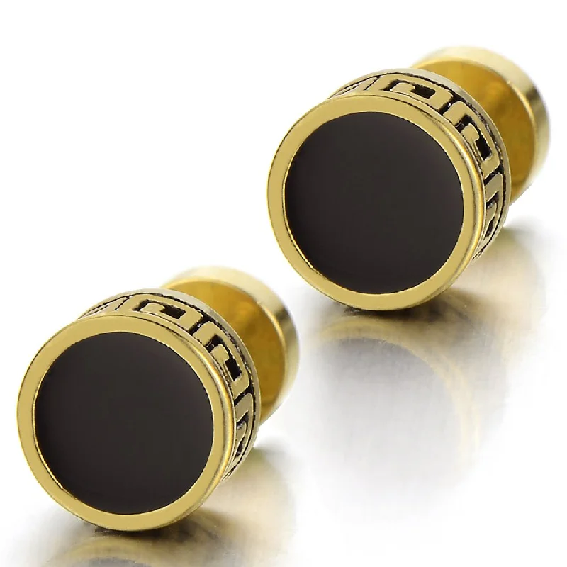 Vintage Black Enamel Gold Circle Stud Earrings for Men Women Steel Cheater Fake Ear Plugs Gauges