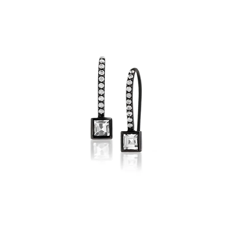 White Topaz Princess Cut on Black Rhodium French Hooks Earrings