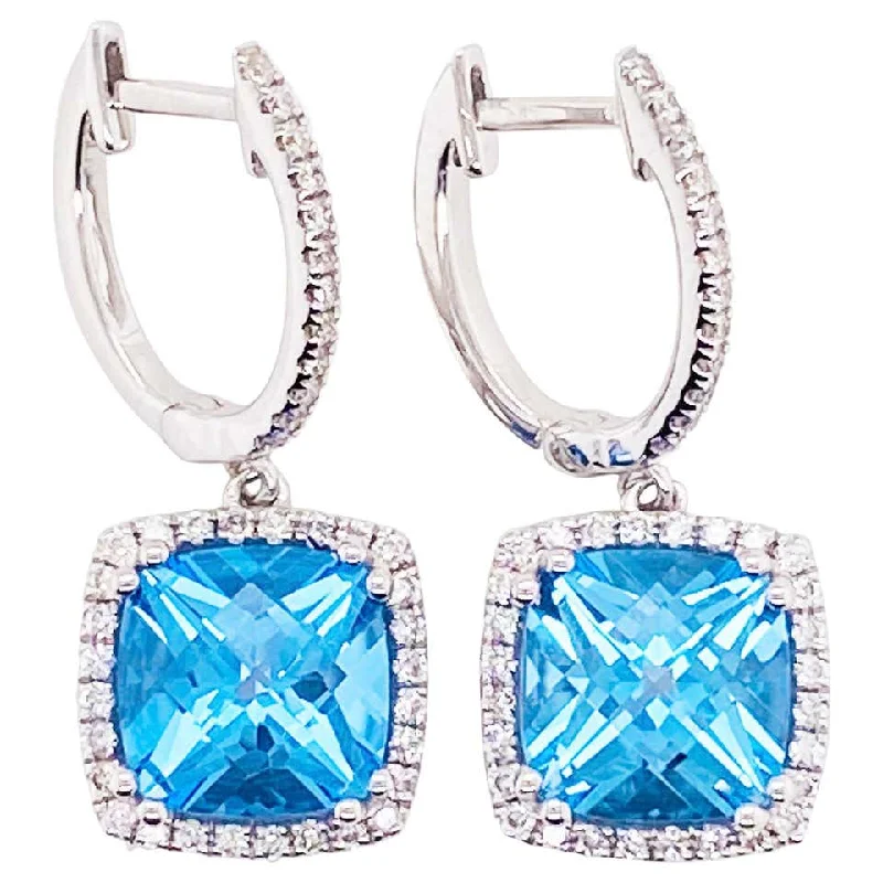 Blue Topaz Diamond Halo Drop Earrings