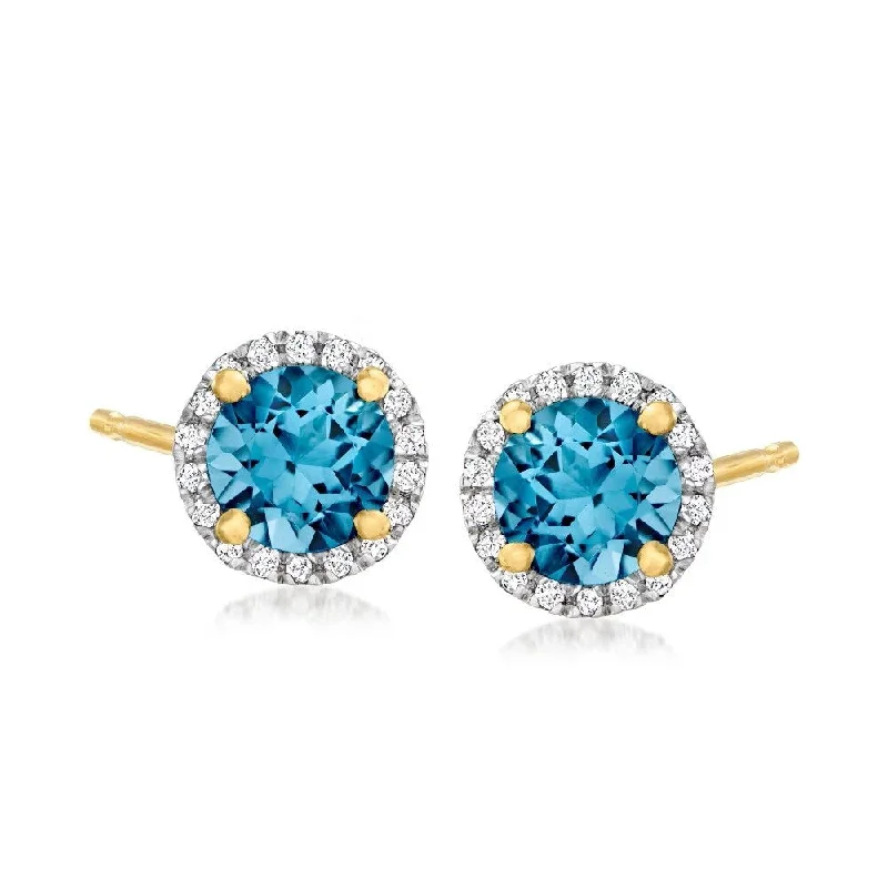 14k Yellow Gold London Blue Topaz and Diamond Classic Princess Di Halo Stud Earrings