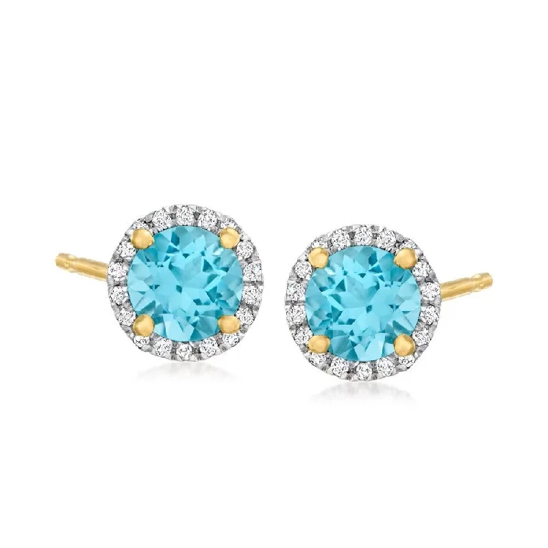 14k Yellow Gold Swiss Blue Topaz and Diamond Classic Princess Di Halo Stud Earrings