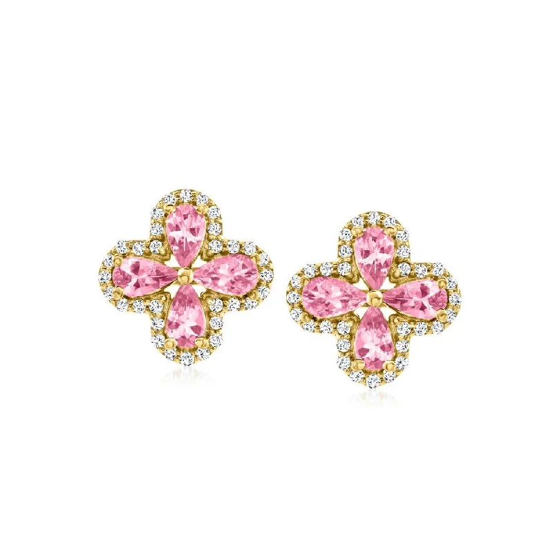 18k Yellow Gold Over sterling Silver, Pink Tourmaline Gemstone Flower Stud Earrings