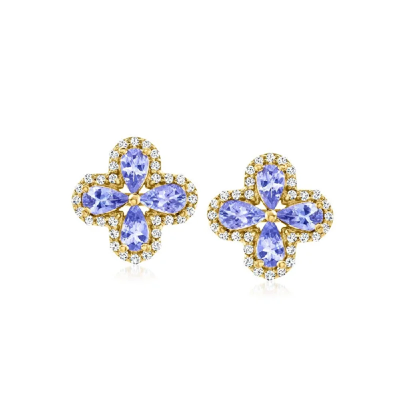 18k Yellow Gold Over sterling Silver, Tanzanite Gemstone Flower Stud Earrings