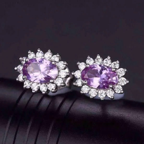 Alexandrite Sapphire 925 Sterling Silver Oval Cut 1CT IOBI Precious Gems Halo Earrings