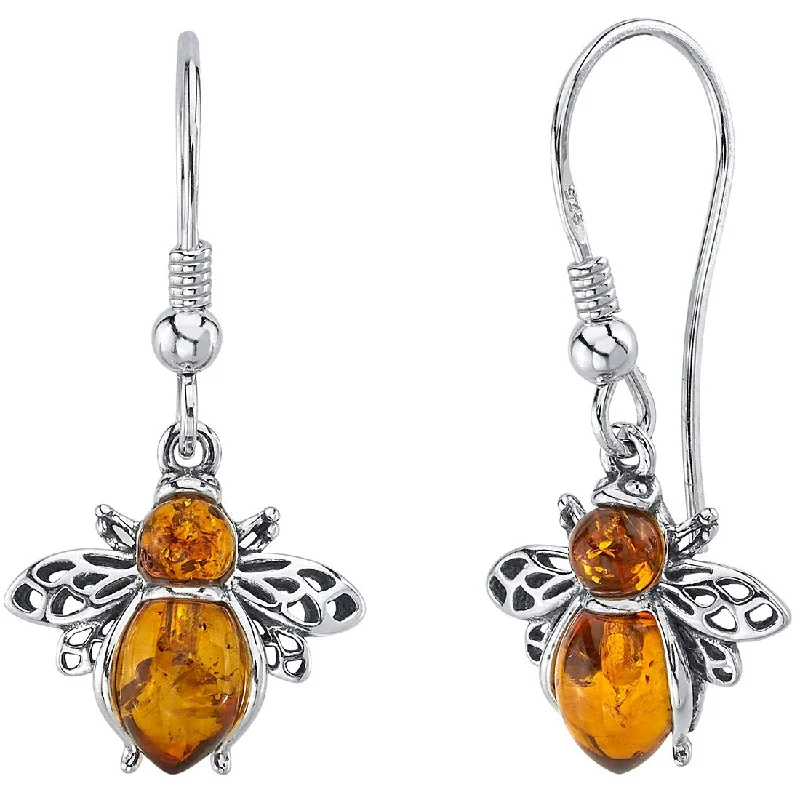 Baltic Amber Bee Dangle Earrings in Sterling Silver