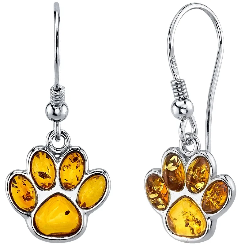 Baltic Amber Paw Print Dangle Earrings in Sterling Silver