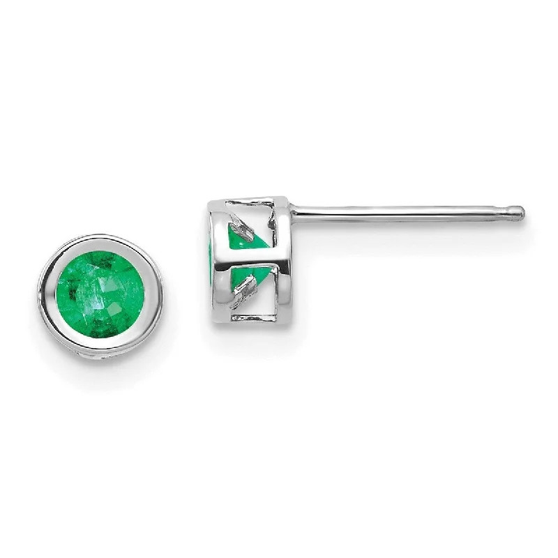 Curata 14k White Gold Polished 4mm Bezel Genuine Emerald Post Earrings