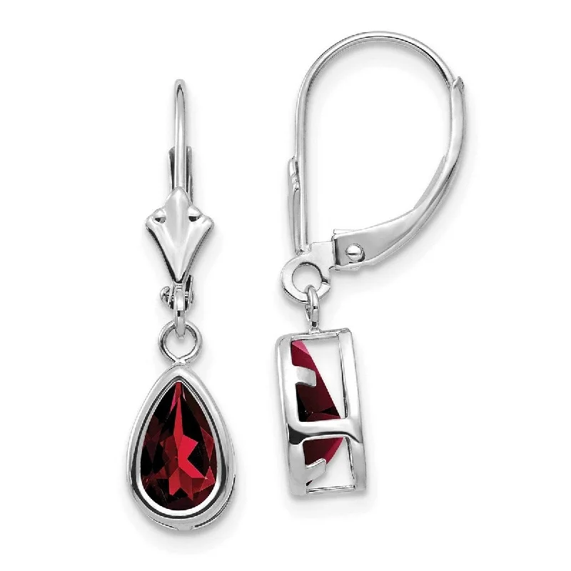 Curata 14k White Gold Polished 8x5mm Pear Garnet Leverback Earrings 27x7mm