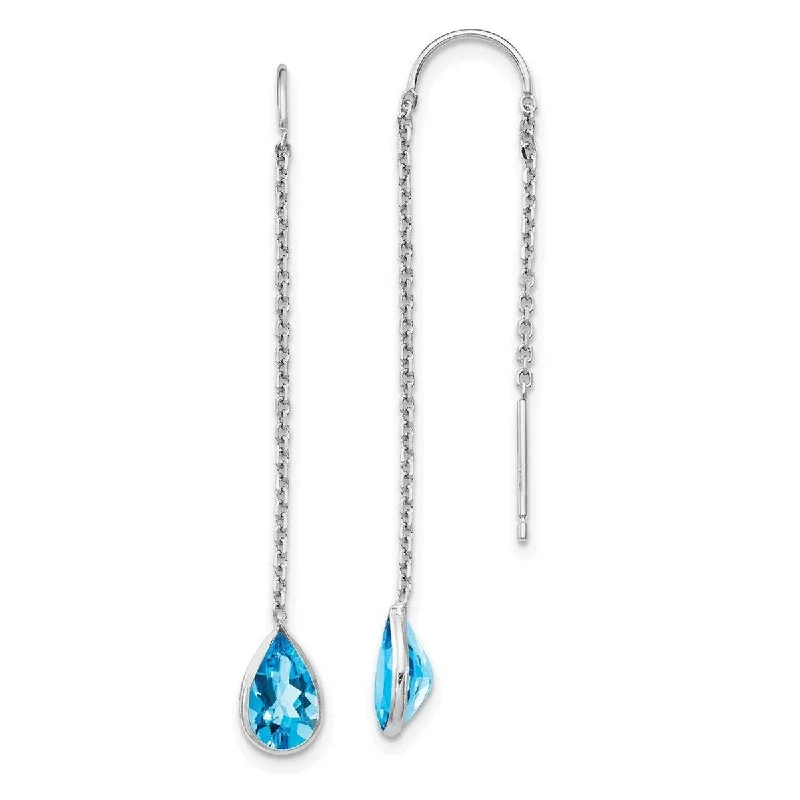 Curata 14k White Gold Polished Blue Topaz Pear Bezel Threader Earrings 45x5mm