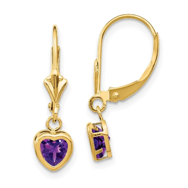 Curata 14k Yellow Gold 5mm Heart Amethyst Leverback Earrings