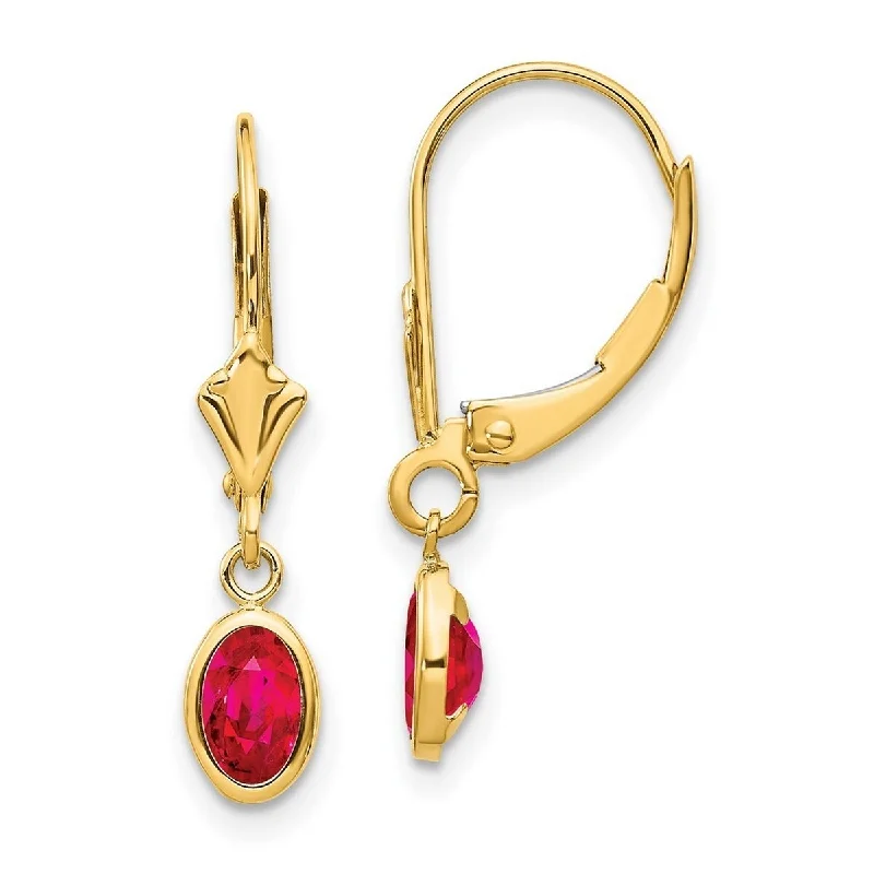 Curata 14k Yellow Gold 6x4 Oval Bezel Ruby Leverback Earrings (5x23mm)