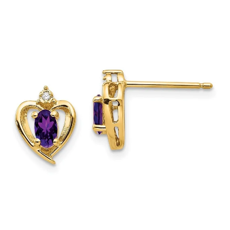 Curata 14k Yellow Gold Diamond and Amethyst Heart Earrings (10x17mm)