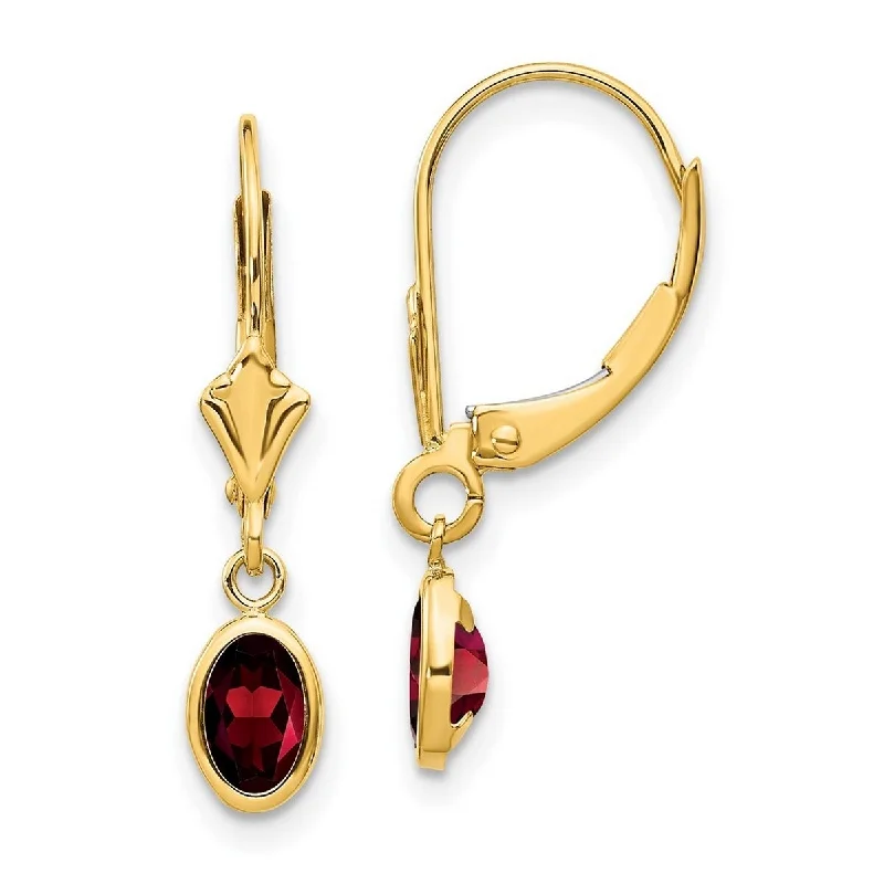 Curata 14k Yellow Gold Oval Bezel Polished Leverback Garnet Earrings January 23x4mm