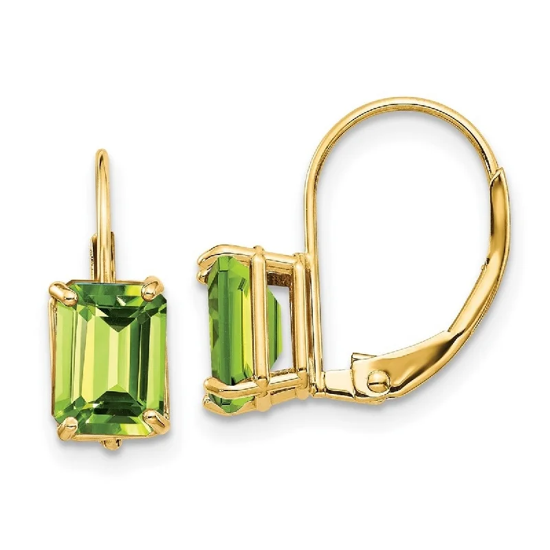 Curata 14k Yellow Gold Polished Leverback 7x5mm Emerald Cut Peridot Earrings 16x5mm