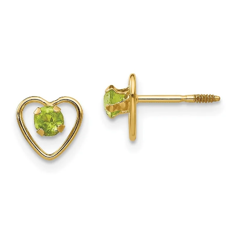 Curata 14k Yellow Gold Polished Screw back Post Earrings 3mm Peridot Heart Earrings - Measures 6x6mm