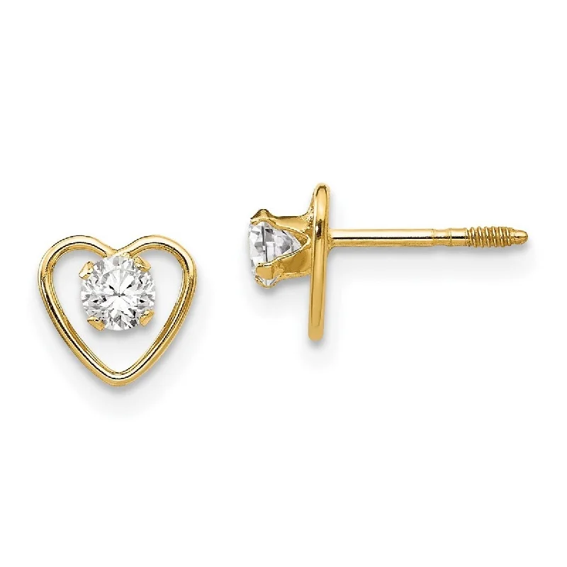 Curata 14k Yellow Gold Polished Screw back Post Earrings 3mm White Zircon Heart for boys or girls Earrings - Measures 6x6mm