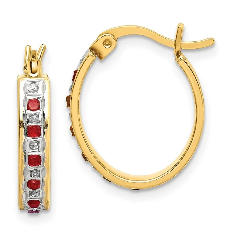 Curata 925 Sterling Silver Gold Plated Diamond and Ruby Oval Hinged Hoop Earrings 19x3mm