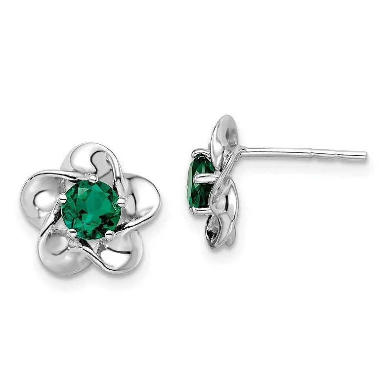 Curata 925 Sterling Silver Rhodium Plated Floral Created Emerald Post Earrings 15x9mm