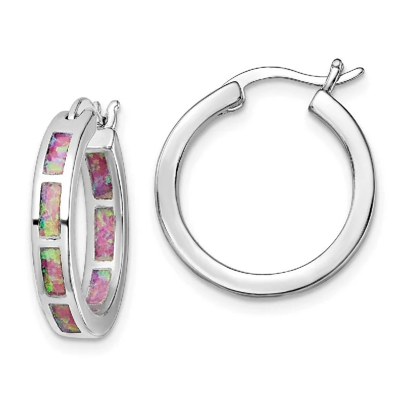 Curata 925 Sterling Silver Rhodium Plated Pink Simulated Opal In and Out Hoop Earrings 20x3.4mm