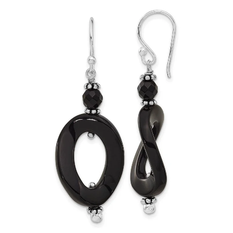 Curata 925 Sterling Silver Twisted Shepherd hook Rhodium plated Simulated Onyx Oval Twist Long Drop Dangle Earrings Jewelry Gift