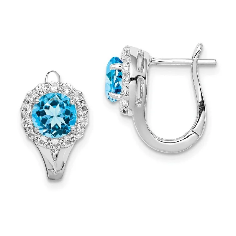 Curata 925 Sterling Silver White Topaz and Light Swiss Blue Topaz Hinged Hoop Earrings