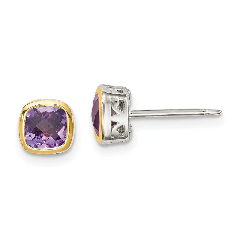 Curata 925 Sterling Silver With 14k Accent 6.5mm Amethyst Square Stud Earrings