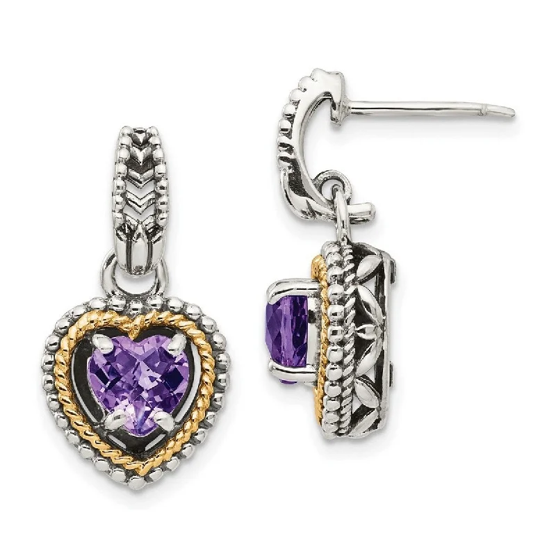 Curata 925 Sterling Silver With 14k Amethyst Heart Post Drop Dangle Earrings 23x12mm