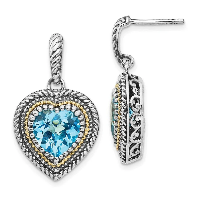 Curata 925 Sterling Silver With 14k Lt Swiss Blue Topaz Heart Dangle Post Earrings29x18mm