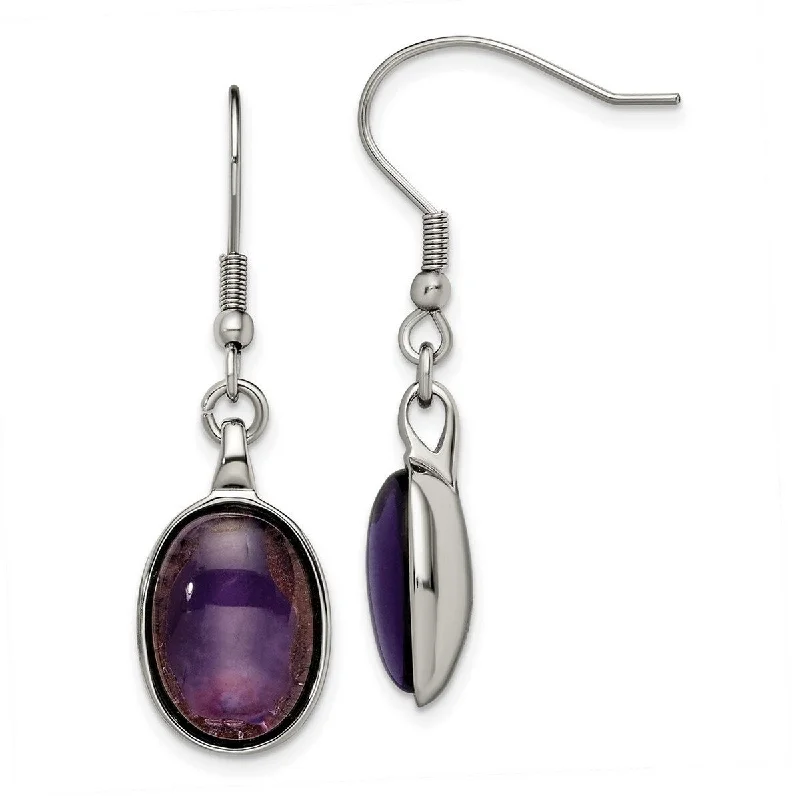 Curata Stainless Steel Dangle Polished Simulated Shepherd hook Synthetic Amethyst Earrings