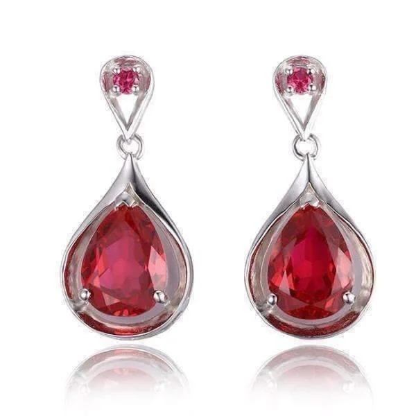 Gala 7.6CTW Pear Drop Simulated Pigeon Blood Ruby IOBI Precious Gems 925 Sterling Silver Earrings