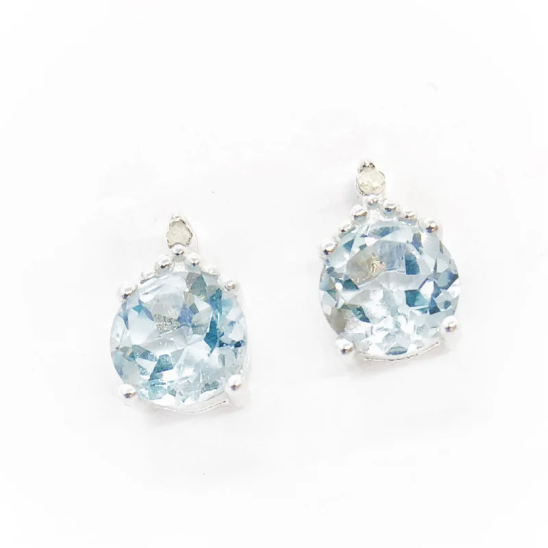 Genuine Blue Topaz & Natural Diamond Accented IOBI Precious Gems Stud 925 Sterling Silver Earrings