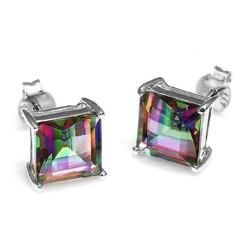 Genuine Rainbow Fire Mystic Topaz Princess Cut 3CT IOBI Precious Gems Stud 925 Sterling Silver Earrings