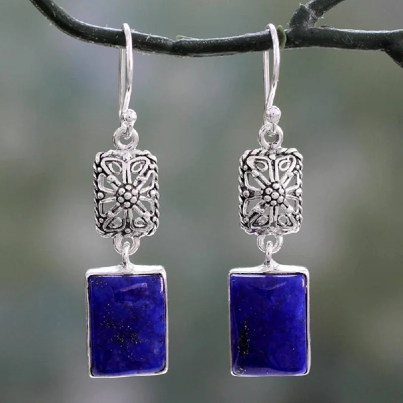 Handmade Sterling Silver 'Royal Galaxy' Lapis Lazuli Earrings (India) - 1.9*0.4