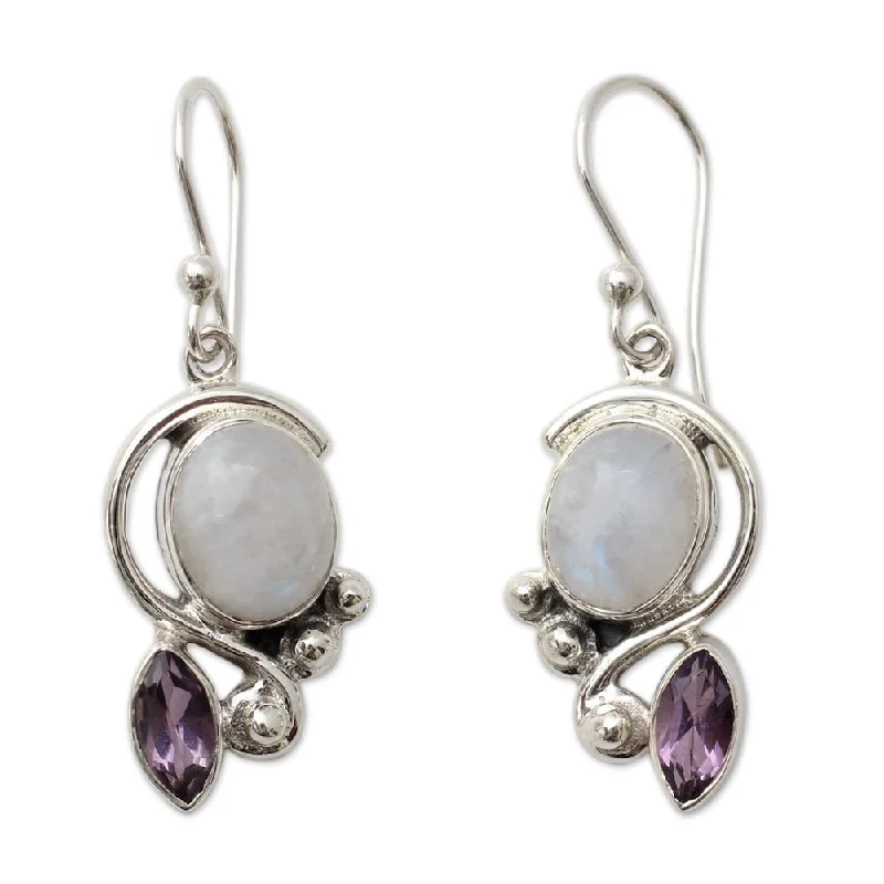 Handmade Sterling Silver 'Yours Forever' Moonstone Amethyst Earrings (India) - 1.6*0.5