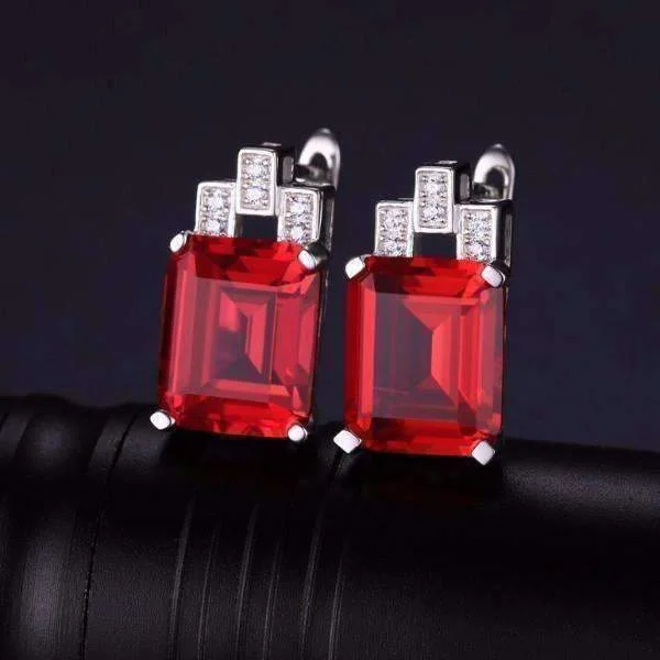 Heirloom 8CT Emerald Cut Simulated Pigeon Blood Ruby IOBI Precious Gems 925 Sterling Silver Earrings