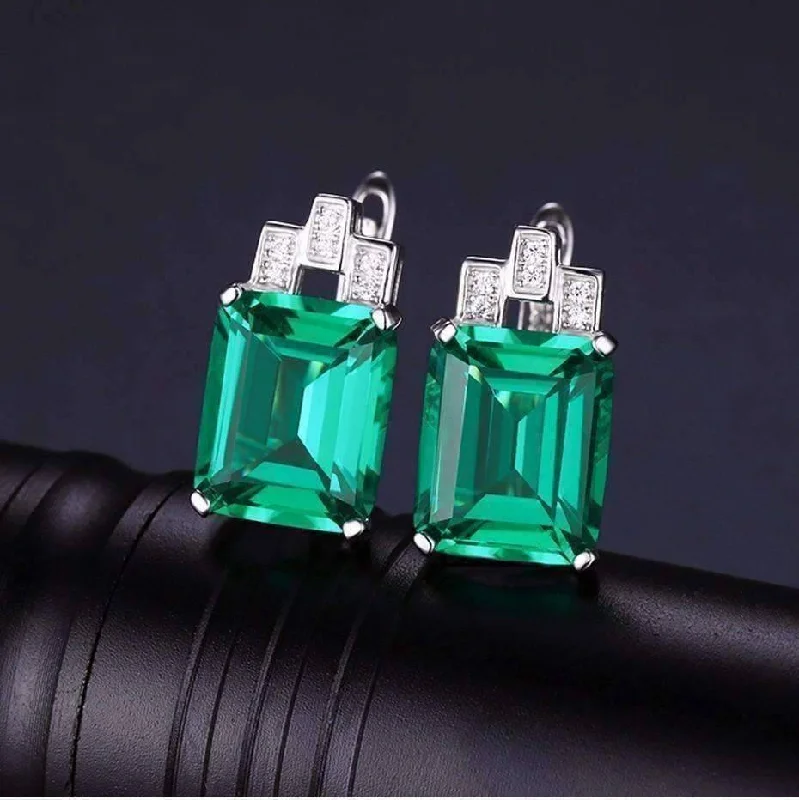 Heritage 8CT Emerald Cut Simulated Russian Emerald IOBI Precious Gems 925 Sterling Silver Earrings