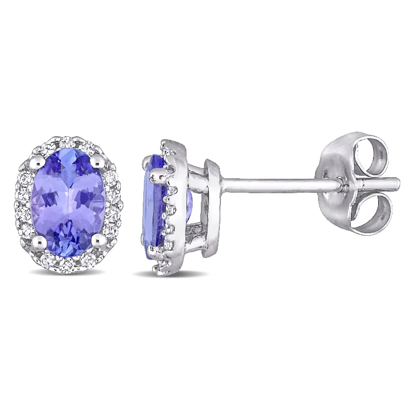 Miadora 10k White Gold Oval-cut Tanzanite and 1/10ct TDW Diamond Halo Stud Earrings