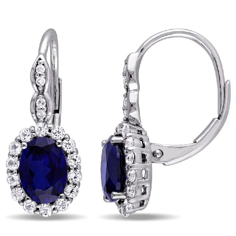 Miadora 14k White Gold Oval-cut Created Blue Sapphire White Topaz and Diamond Accent Halo Leverback Earrings